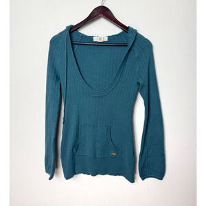 Roxy Knit Hoodie Sweater Size S Teal Deep Scoop Neck Y2K Surf Boho Beach